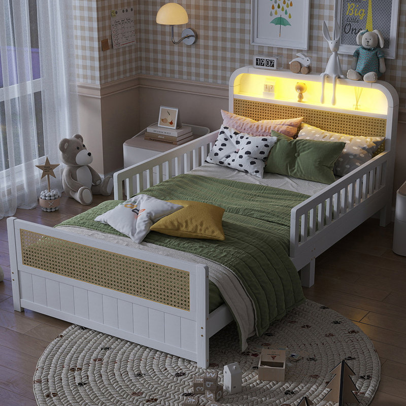 Lit plateforme simple en rotin avec lumières DEL et tête de lit avec rangement, Blanc