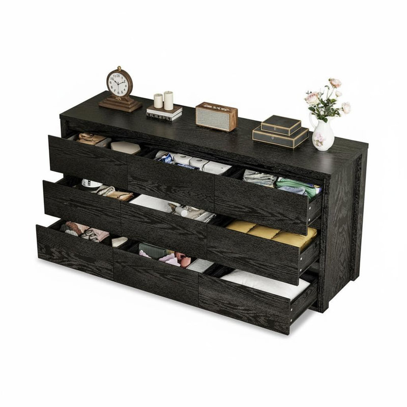 Commode moderne à 9 tiroirs avec conception sans poignée - Armoire de rangement en bois large pour la chambre à coucher, le salon et le couloir