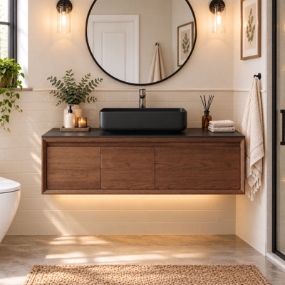 48" Modern Bathroom Brown Vanity with Single Black Sink, Brown Wood Texture with Ample Storage