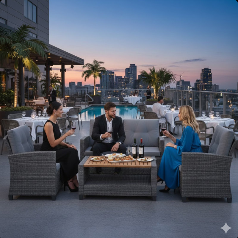 4-Piece All Weather Wicker Outdoor Patio Conversation Set With Gray Cushions And Accacia Wood Table