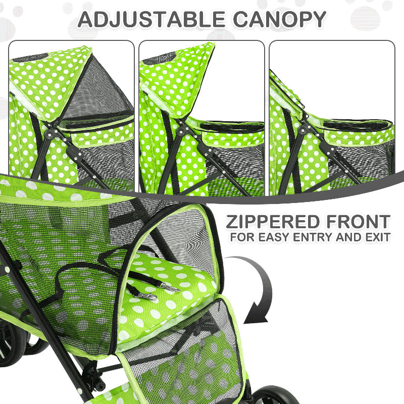 Lawn Green Polka Dot Foldable Pet Stroller with Mesh Windows