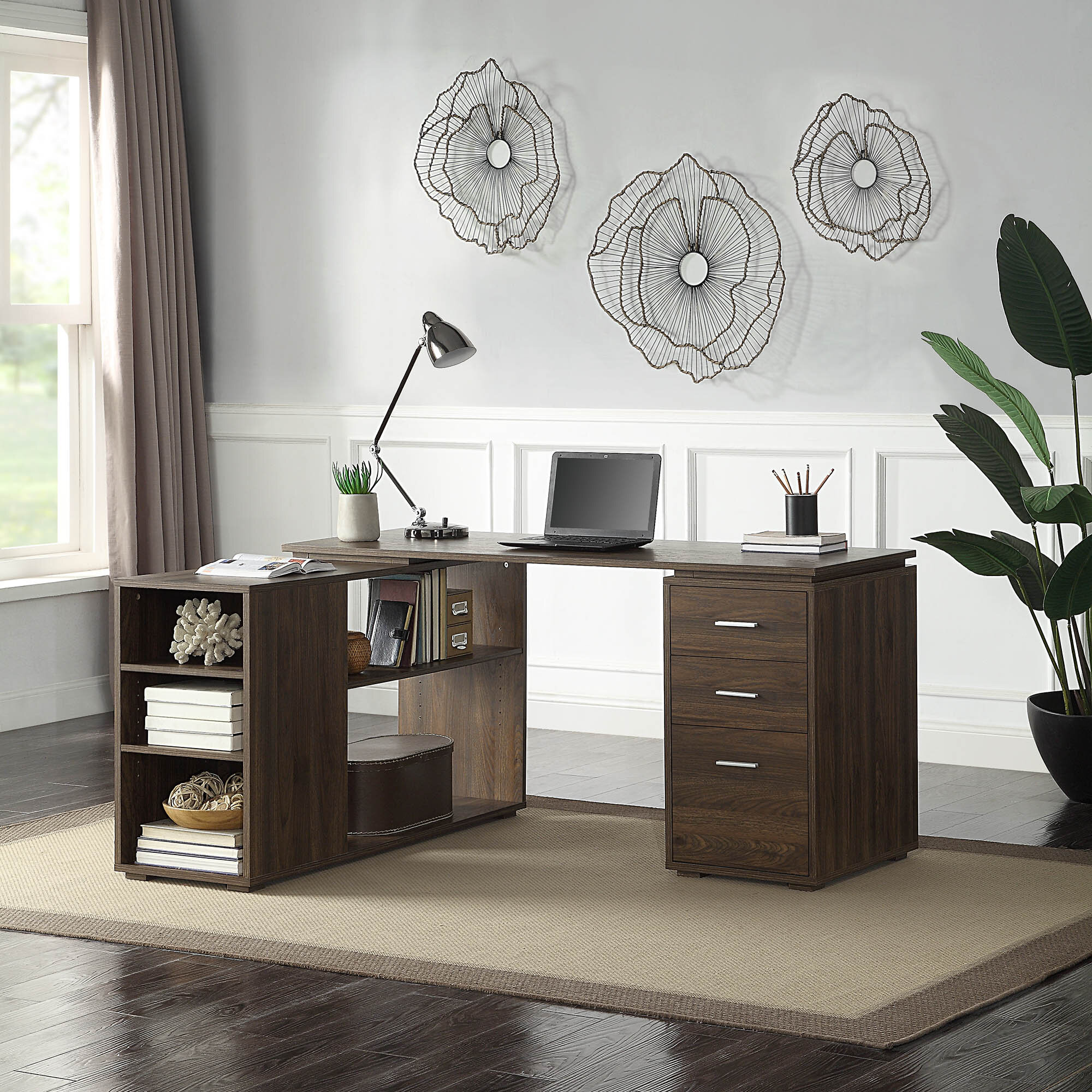 60 Modern Wooden Desk Walnut Home Office Desk with Filing Cabinet