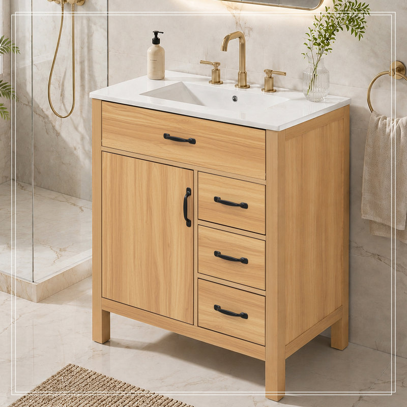 Meuble-lavabo avec lavabo, 1 porte, 1 tiroir rabattable et 3 tiroirs