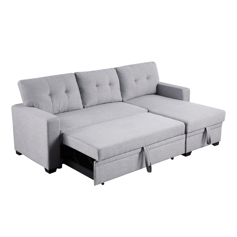 Upholstered Pull Out Sectional Sofa With Chaise, Light Gray Linen