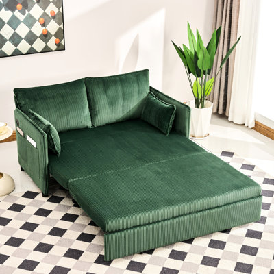 Lit convertible de 55 po, 31 canapé en velours côtelé moderne avec poches latérales et ports, taille simple, idéal pour la chambre à coucher, petit appartement, cadre de lit en fer, bois de pin, rembourrage en mousse, rembourrage escamotable