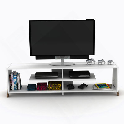 Mid Century Modern TV Stand With Four Shelves And Open Storage, Wood Legs For A Stylish And Functional Living Space Addition.