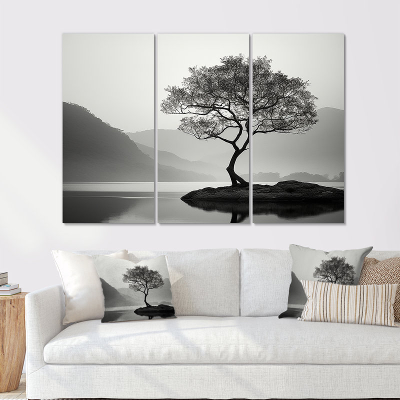 Arbre noir et blanc au bord du lac, photographie I - paysage de montagnes, ensemble d'art mural sur toile
