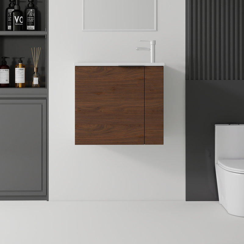 Meuble-lavabo suspendu de 56 cm avec lavabo intégré, porte à fermeture douce, lavabo en céramique intégré, armoire de salle de bain murale en contreplaqué, marron