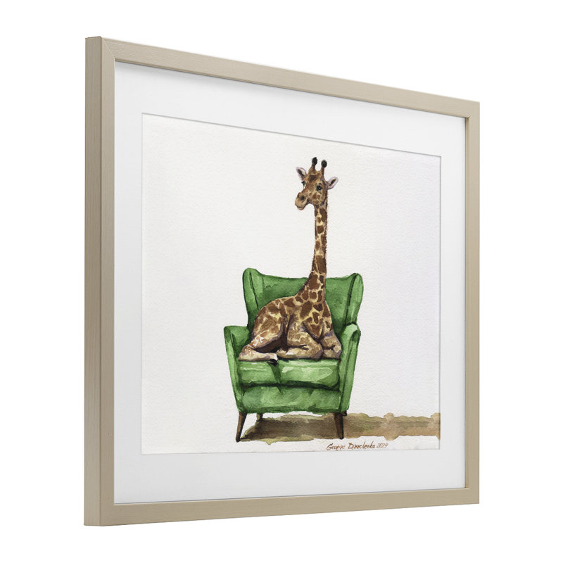 Adorable girafe sur chaise verte, reproduction sous verre, conception de George Dyachenko, H 13 po x l 16 po