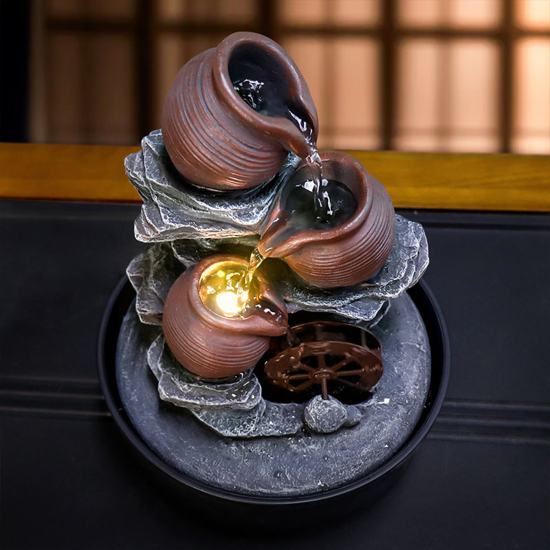 Fontaine à 3 niveaux avec roue à eau et lumière DEL, eau de bureau intérieure (H 11,02 po)
