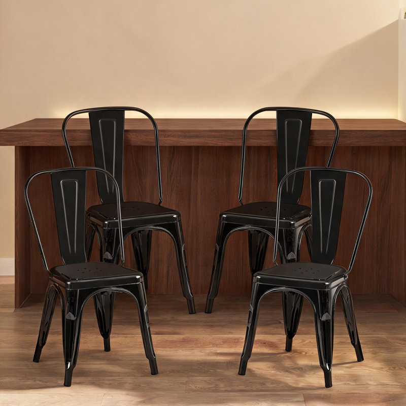 Ensemble de 4 chaises d'appoint empilables en métal noir mat industriel de 18 pouces pour la cuisine ou la salle à manger