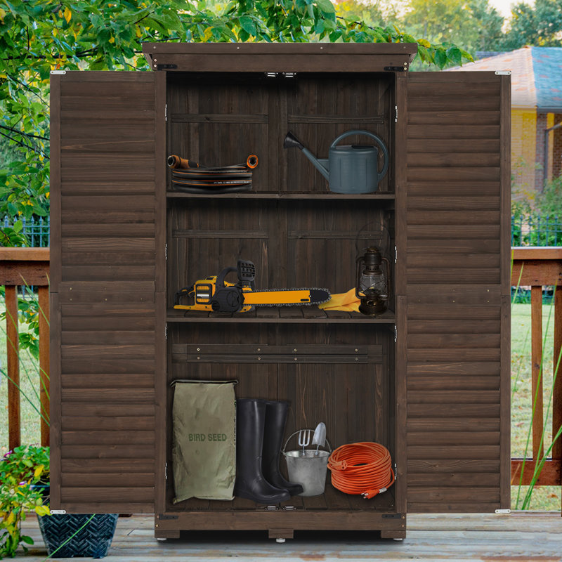 Brown Fir Wood Outdoor Storage Cabinet with Shelving