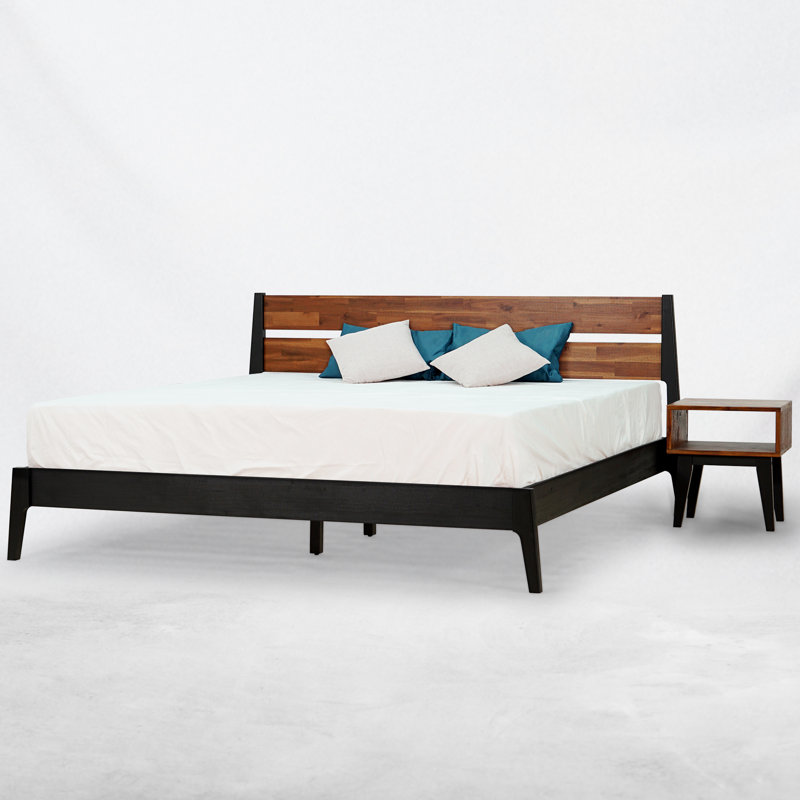 2-Pcs Bedroom Set – Solid Wood Platform Bed Frame & Matching Nightstand, Mid-Century Modern Scandinavian, 800 lbs Capacity, No Box Spring Needed