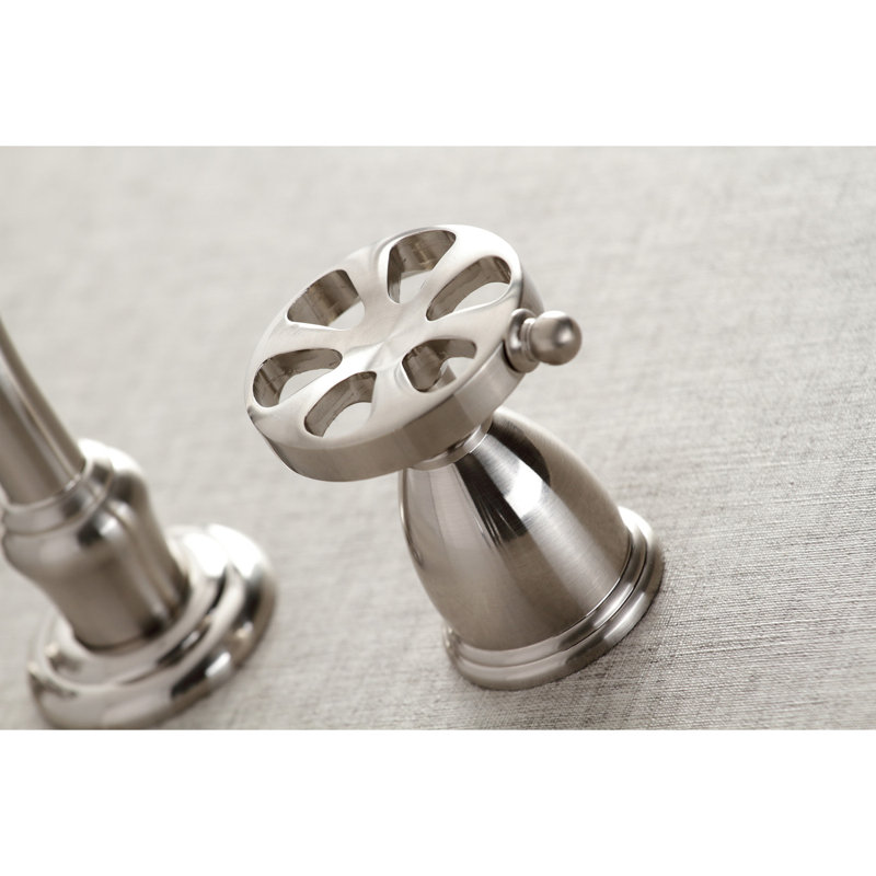 Kingston Brass Belknap Two-Handle 3-Hole Wall Mount Tub Faucet, Brushed Nickel, Cross