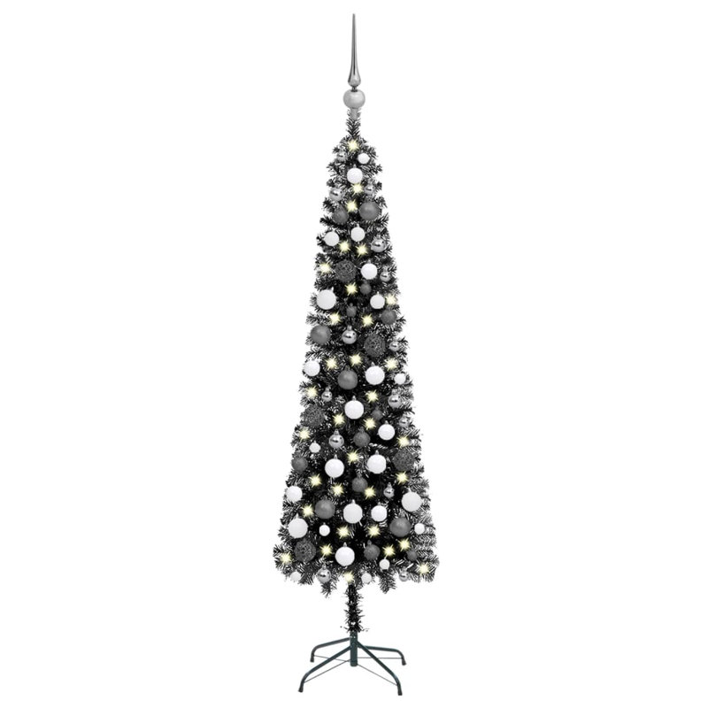 Arbre de Noël artificiel noir 7 pi 10,5 po avec 150 lumières DEL et boules
