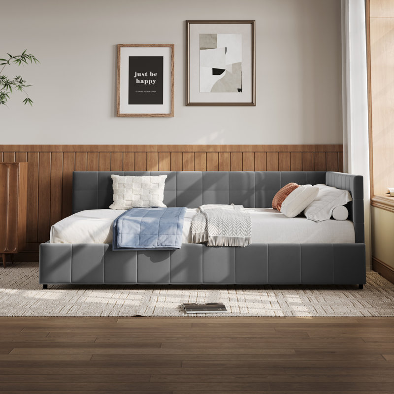 Lit plateforme tapissier réversible en L avec tissu en velours, gris, Grand