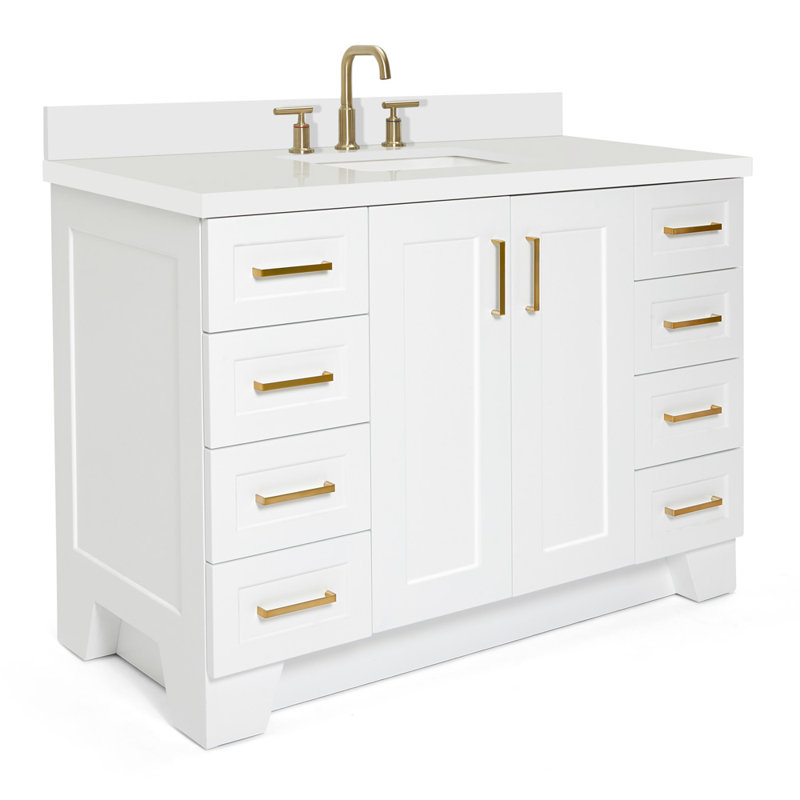 Freitas 48'' Solid Wood Single Bathroom Vanity, White, Rectangle, White Quartz