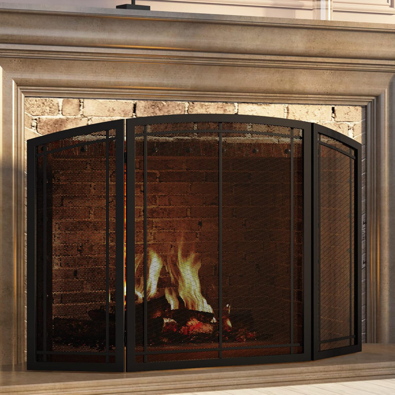 Pare-étincelles 3 panneaux en fer forgé noir L 48 po x H 30 po (moderne)