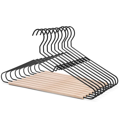 Paquet de 10 cintres de qualité supérieure en métal noir mat avec cintre en bois de hêtre lisse