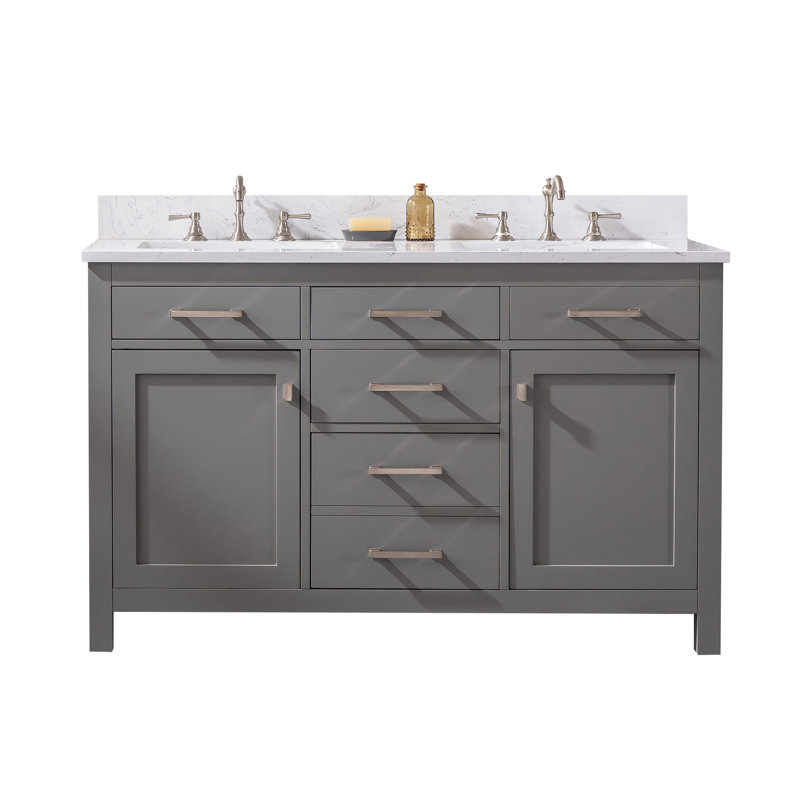 Ajhane 54" W Double Vanity with Engineered Stone Top and Soft-Close Doors, Gray/Brushed Nickel