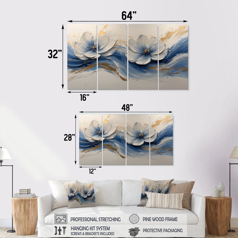 Velours blanc, bleu, chrysanthèmes, rivière à encre V - Chrysanthèmes, art mural - Art mural traditionnel sur toile, 4