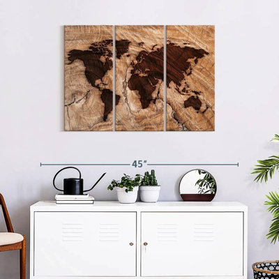 " Branded Wood World Map " 3 - Pieces