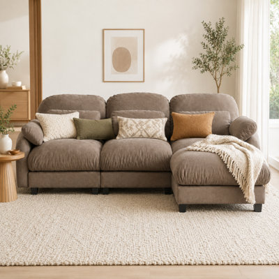 Ensemble de canapé d'angle modulaire Cavorenne Cloud pour 3 personnes avec pouf amovible, assise large et profonde en chenille douce, coussins en mousse et ressorts, 3 petits coussins lombaires