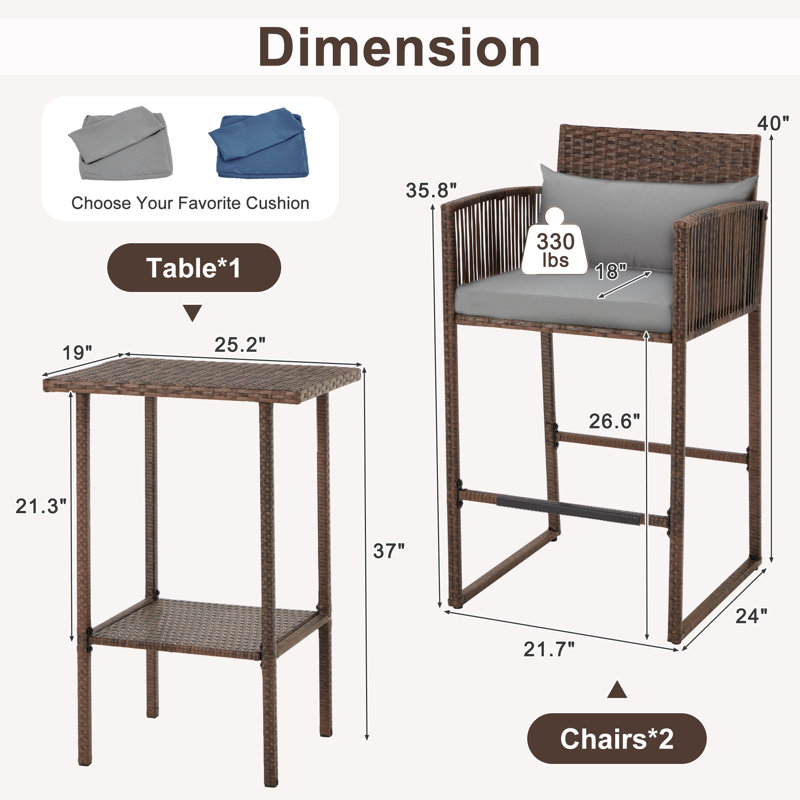 Tannehill 3-Piece Steel Outdoor Bar Set, Brown