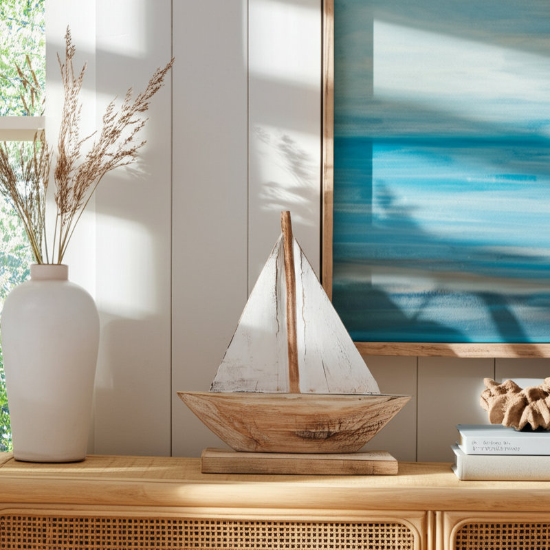 Bywood, objet décoratif en bois, voilier côtier, conception artisanale, décoration nautique rustique, bateau, plage, décor à la maison