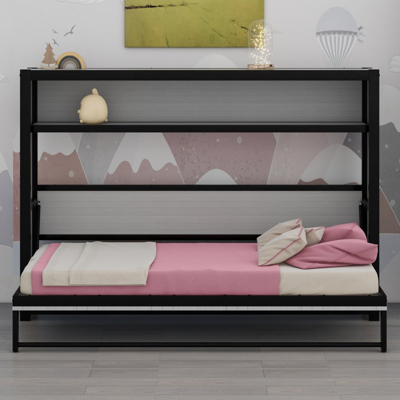 Murphy Bed With Shelves, Metal Wall Bed With Foldable And Space-Saving Design