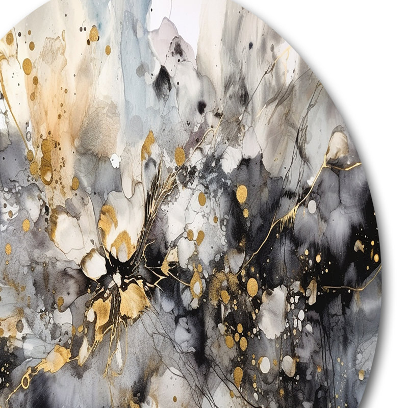 Grey Gold Delicate Abstract Brushstrokes II - Abstract Marble Round Wall Art on Metal, 36" H x 36" W x 1" D