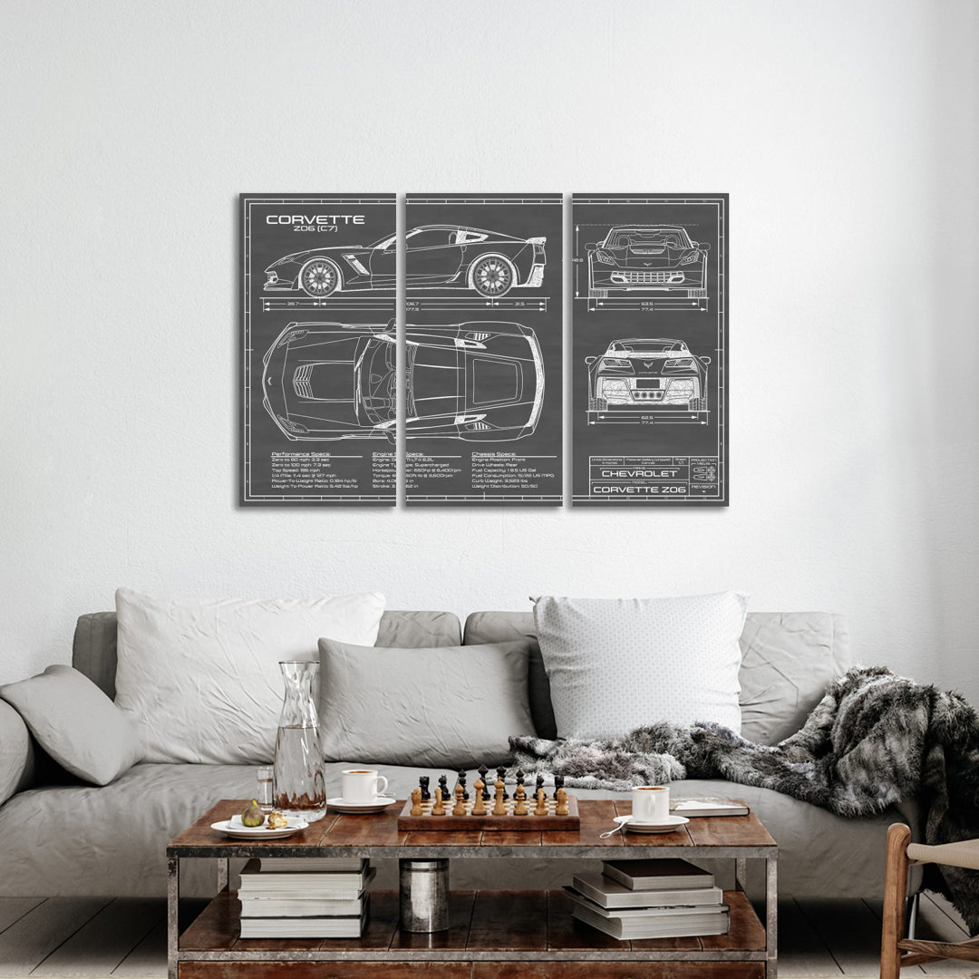 Corvette (C7) Z06 Black von Action Blueprints - Ohne Rahmen Galerie-umwickelte Leinwand Giclée auf Leinwand