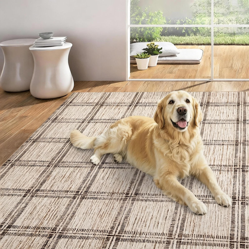 Rectangle Geometric Washable Area Rug, Tan, Rectangle 120 x 170 cm