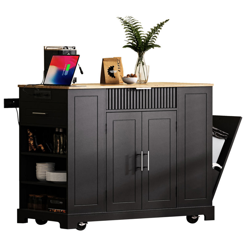 Luxury Kitchen Island Featuring Trash Can Compartment, Power Supply, 3 Drawers, Open Side , 5 Rolling Wheels, Black Style With Holder, Outlet, 5 Mobility,