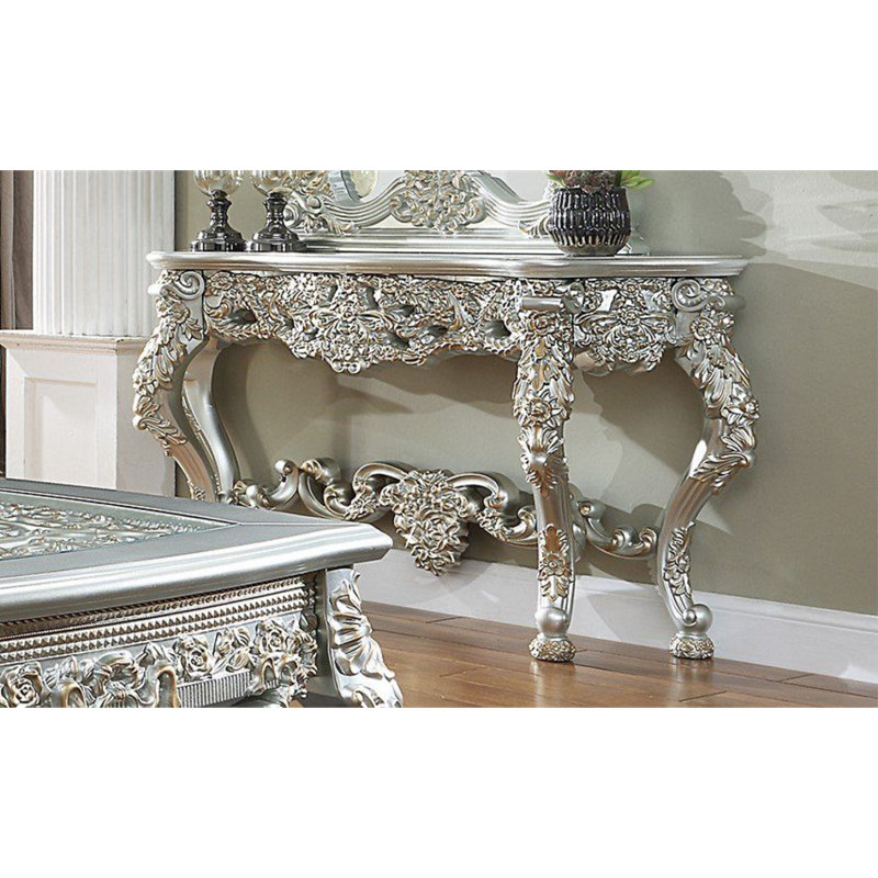 Console en bois massif sculpté à la main avec plateau carré et pieds à volutes, Argent