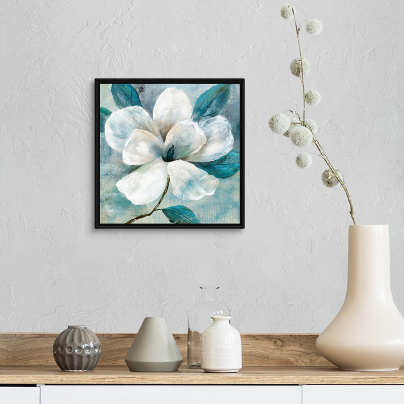 Art mural bleu sarcelle Magnolia I, H 12 po x l 12 po x P 1,25 po, Cadre noir