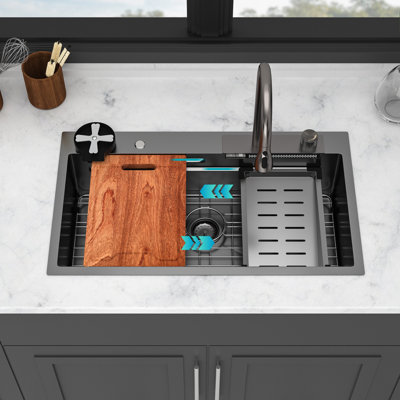 33" Gunmetal Black Kitchen Sink - Multifunction 16 Gauge Stainless Steel Waterfall With Smart Control, 360 Swivel Pull-down Spray Head, X-shaped Water Guide, Nano Coating, Sound Proof And Included