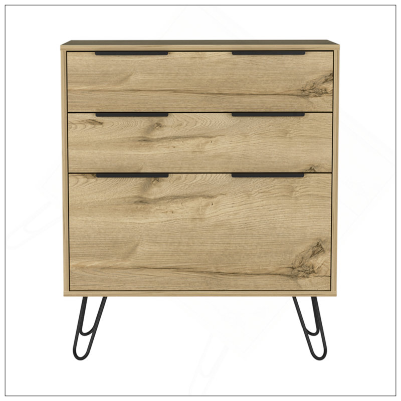 Commode légère H 35 po, trois tiroirs, plateau supérieur, pieds en épingle à cheveux, chêne clair
