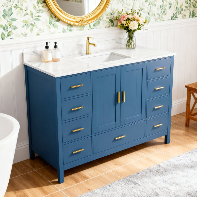 Ensemble de meuble-lavabo moderne bleu avec dessus en quartz 49 po et portes à fermeture douce