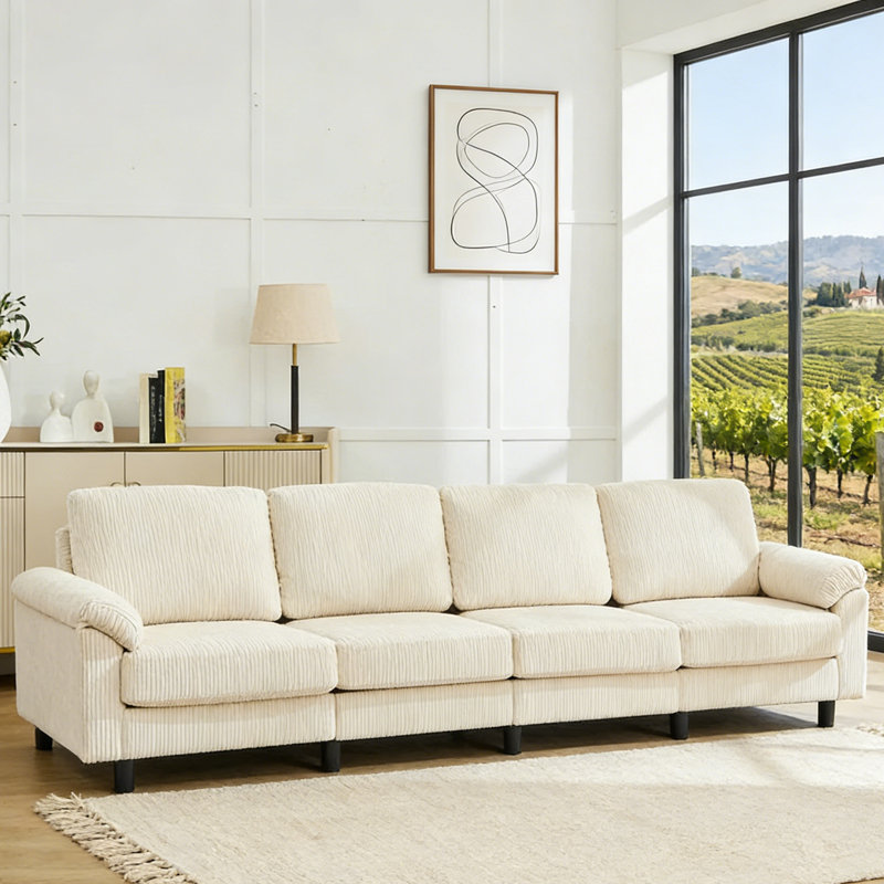 Canapé modulaire en velours côtelé 4 places avec rangement caché et repose-pieds amovible, Blanc
