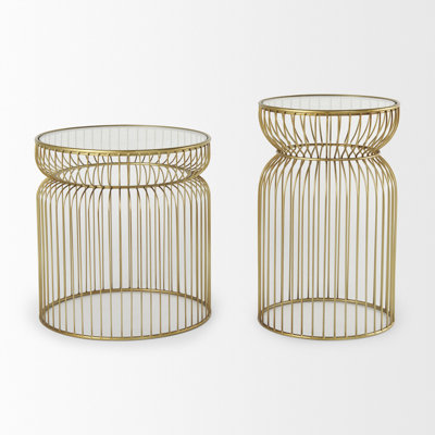  Ensemble moderne de deux tables de bout cylindriques transparentes et dorées
