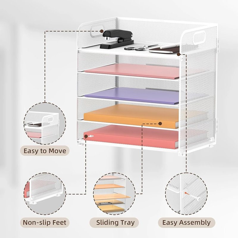 5-Tier Desktop Organizer Letter Tray With Handle-Mesh, White
