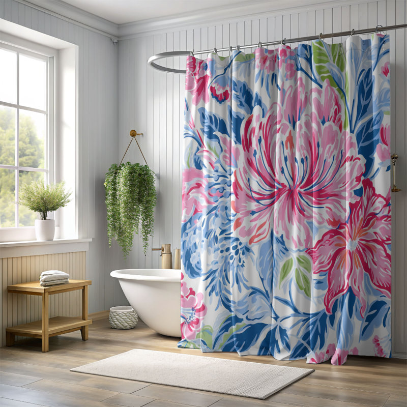 Rideau de douche standard 1 pièce, H 74 po x l 71 po, Fleurs roses éclatantes