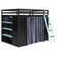 Lit mezzanine pleine grandeur avec garde-robe, tablettes de rangement, rideaux occultants et lumières RVB, lit en bois pour enfants peu encombrant, noir et bleu-1324948