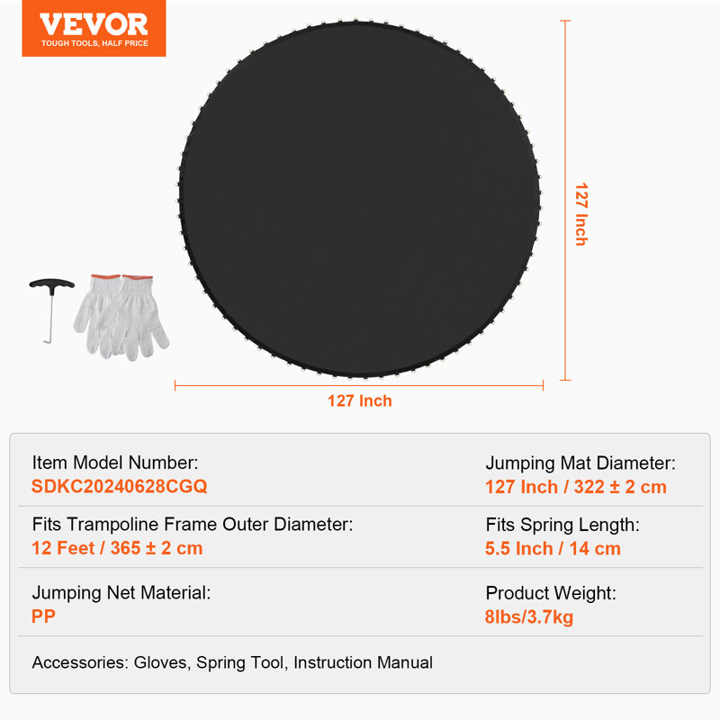 VEVOR Replacement Trampoline Mat Fits 12ft Frame 72 V-Rings, 127" W x 127" D