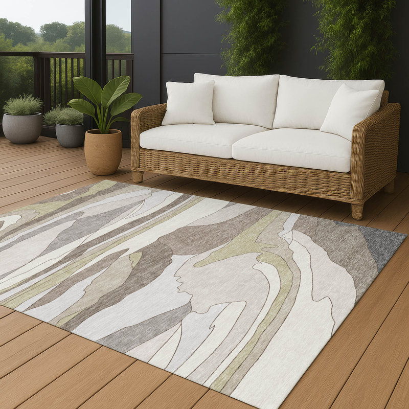 Tapis abstrait lavable à la machine intérieur / extérieur ACN2777, Ivoire ivoire, 9 pi x 12 pi