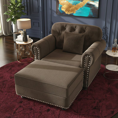 Canapé en velours de 41,3 pouces avec garniture cloutée et accoudoirs roulés de style Mid-Century Chesterfield, comprenant 1 oreiller et 1 repose-pieds