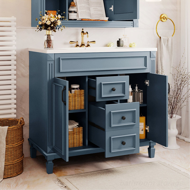 Meuble-lavabo de salle de bain avec lavabo supérieur, armoire de rangement de salle de bain avec 2 portes à fermeture douce et 2 tiroirs