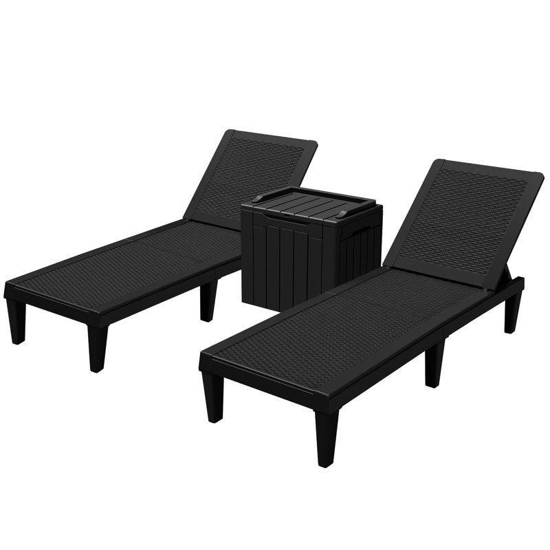 Chaise longue inclinable d'extérieur 3 pièces avec table / boîte de rangement, Noir mat