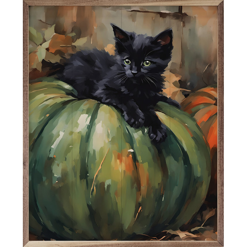 «Chaton sur citrouille verte» sur bois, H 10 po x l 8 po